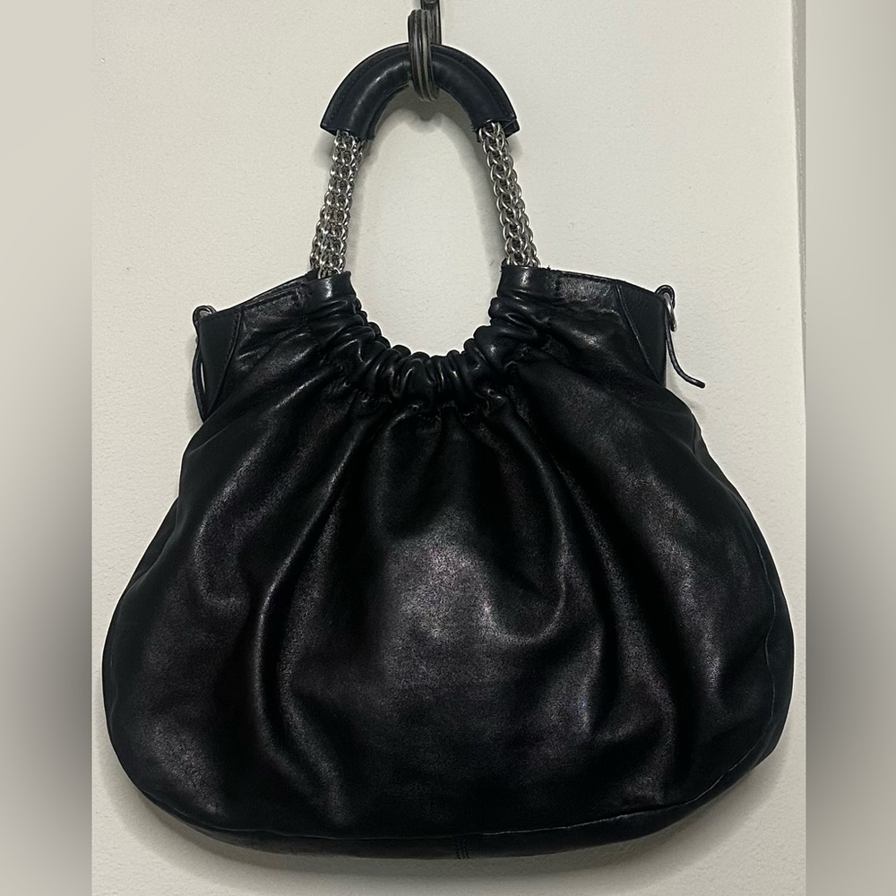 Stuart Weitzman Black Leather Purse/Bag with Thick Silver Chain! Pre Owned!